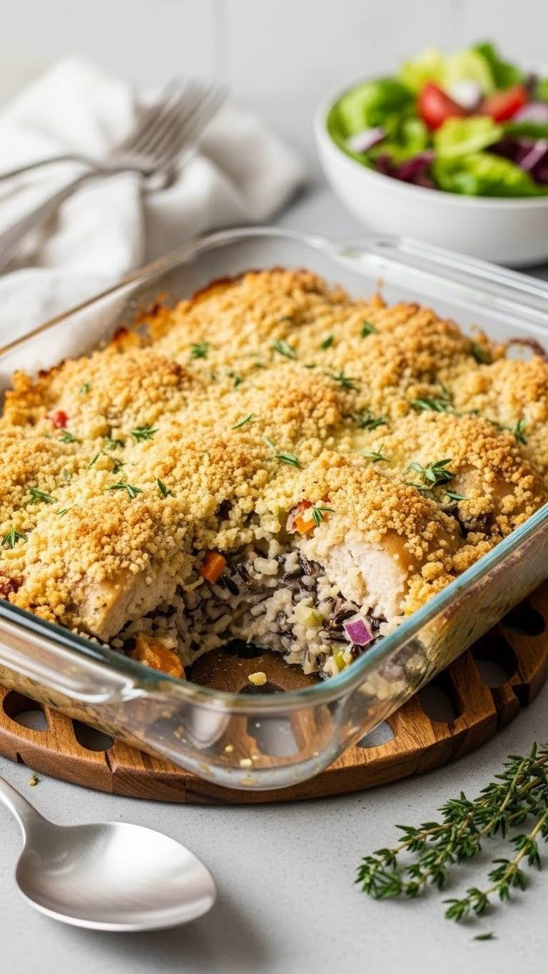 Golden-Brown Baked Chicken And Wild Rice Casserole Bubbling In A Glass Baking Dish With Colorful Vegetables And Crispy Topping