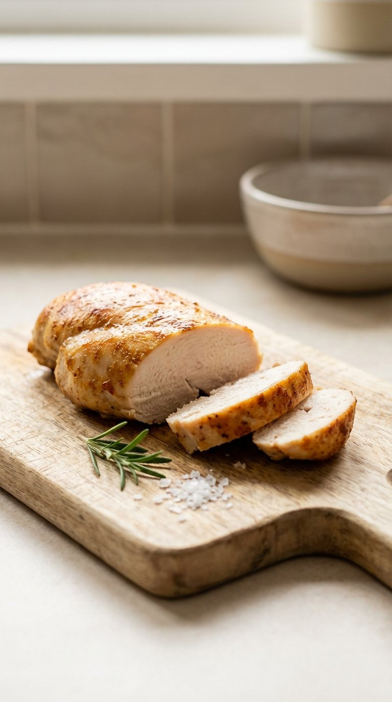 Golden-Brown Baked Chicken Breast Sliced To Reveal Juicy Interior On Rustic Wooden Cutting Board With Rosemary And Sea Salt Garnish