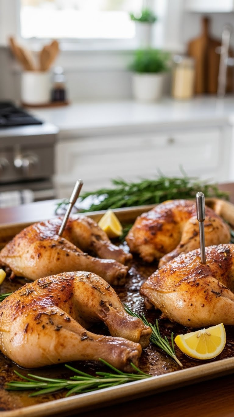 Golden-Brown Baked Chicken Leg Quarters Fresh From Oven With Crispy Skin On Metal Sheet Pan