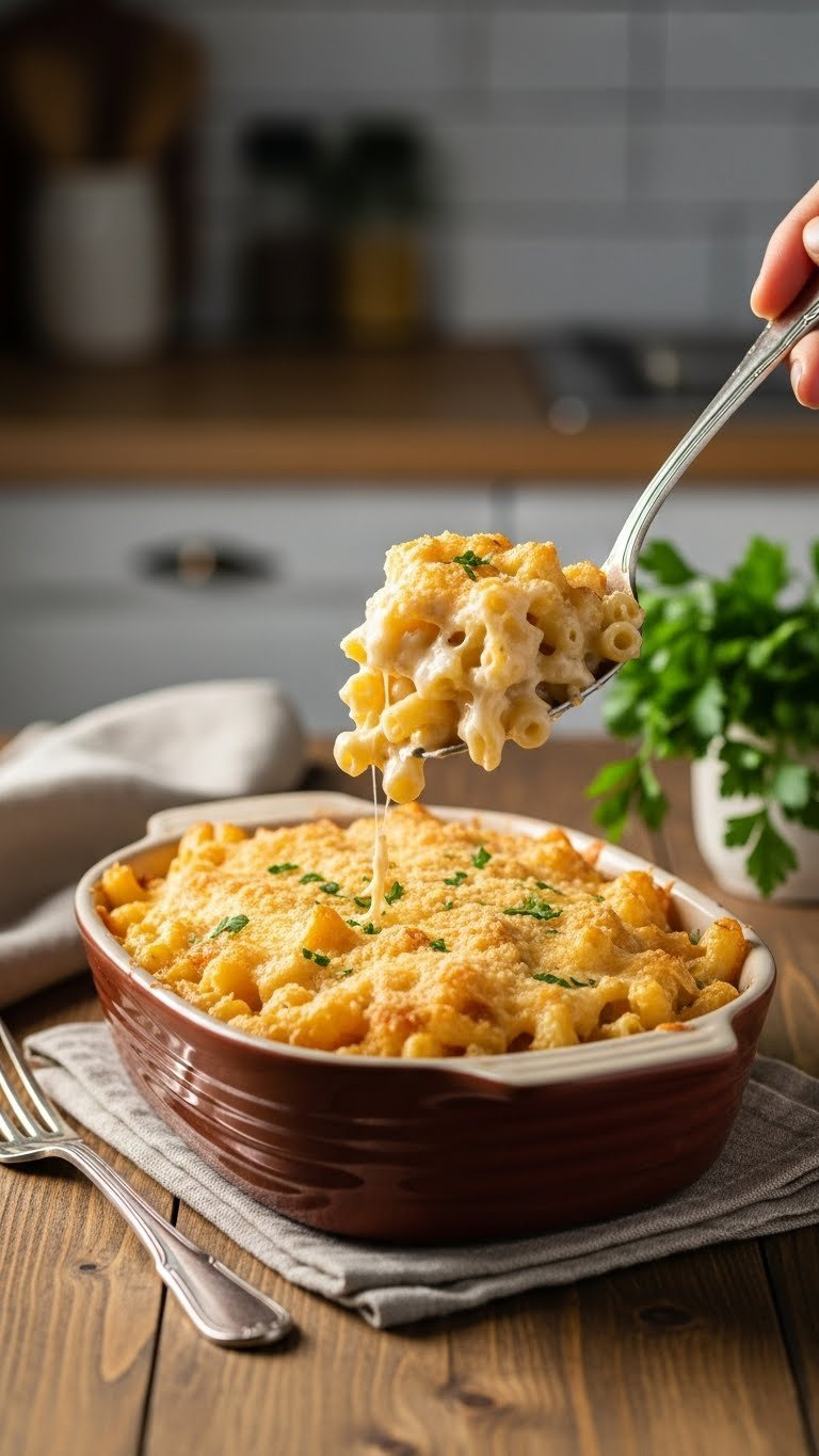 Golden-Brown Baked Mac And Cheese In Rustic Ceramic Dish With Crispy Cheese Topping And Creamy Pasta Visible Beneath.