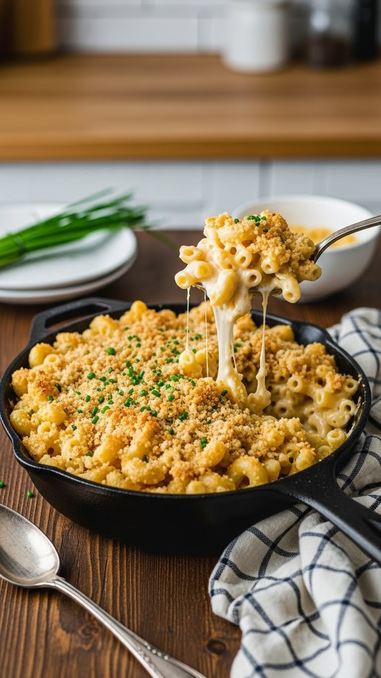 Golden-Brown Baked Macaroni And Cheese With Creamy Cheese Sauce Clinging To Elbow Noodles And Crispy Breadcrumb Topping.