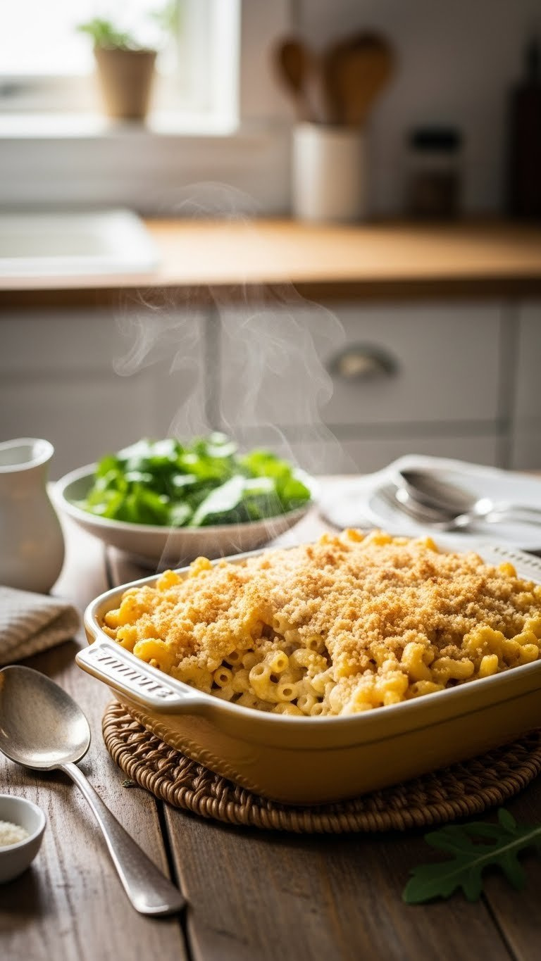 Golden-Brown Baked Macaroni And Cheese With Crispy Breadcrumb Topping And Creamy Cheese Sauce Bubbling In Dish