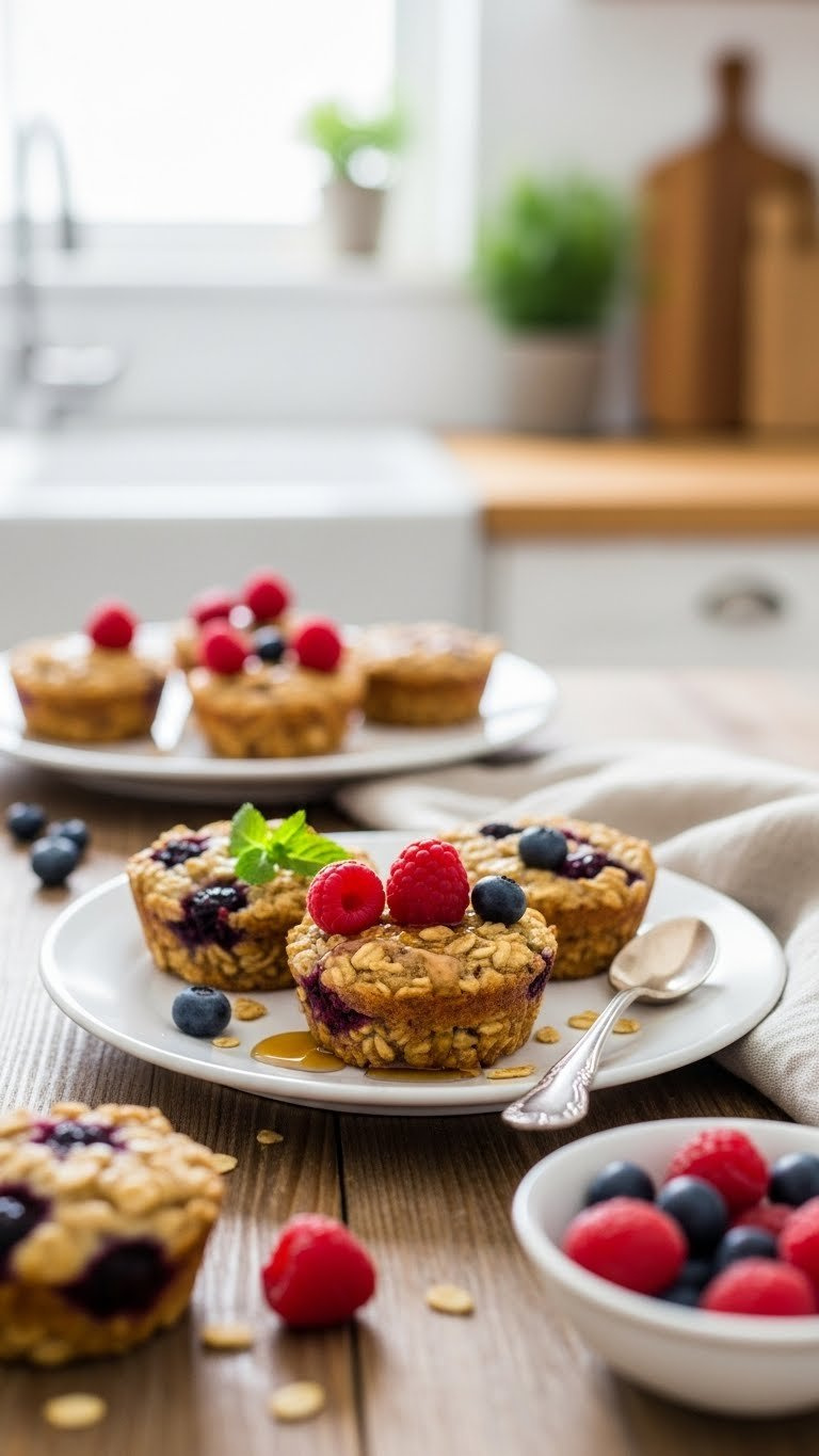 Golden Brown Baked Oatmeal Cups With Mixed Berries And Maple Syrup Drizzle On Rustic Wooden Table