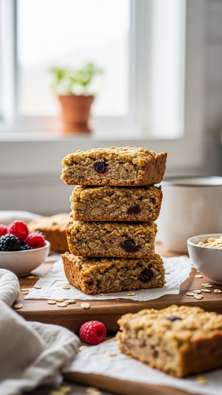 Golden-Brown Baked Oatmeal Protein Bars With Nuts And Dried Fruit Stacked On Rustic Wooden Cutting Board