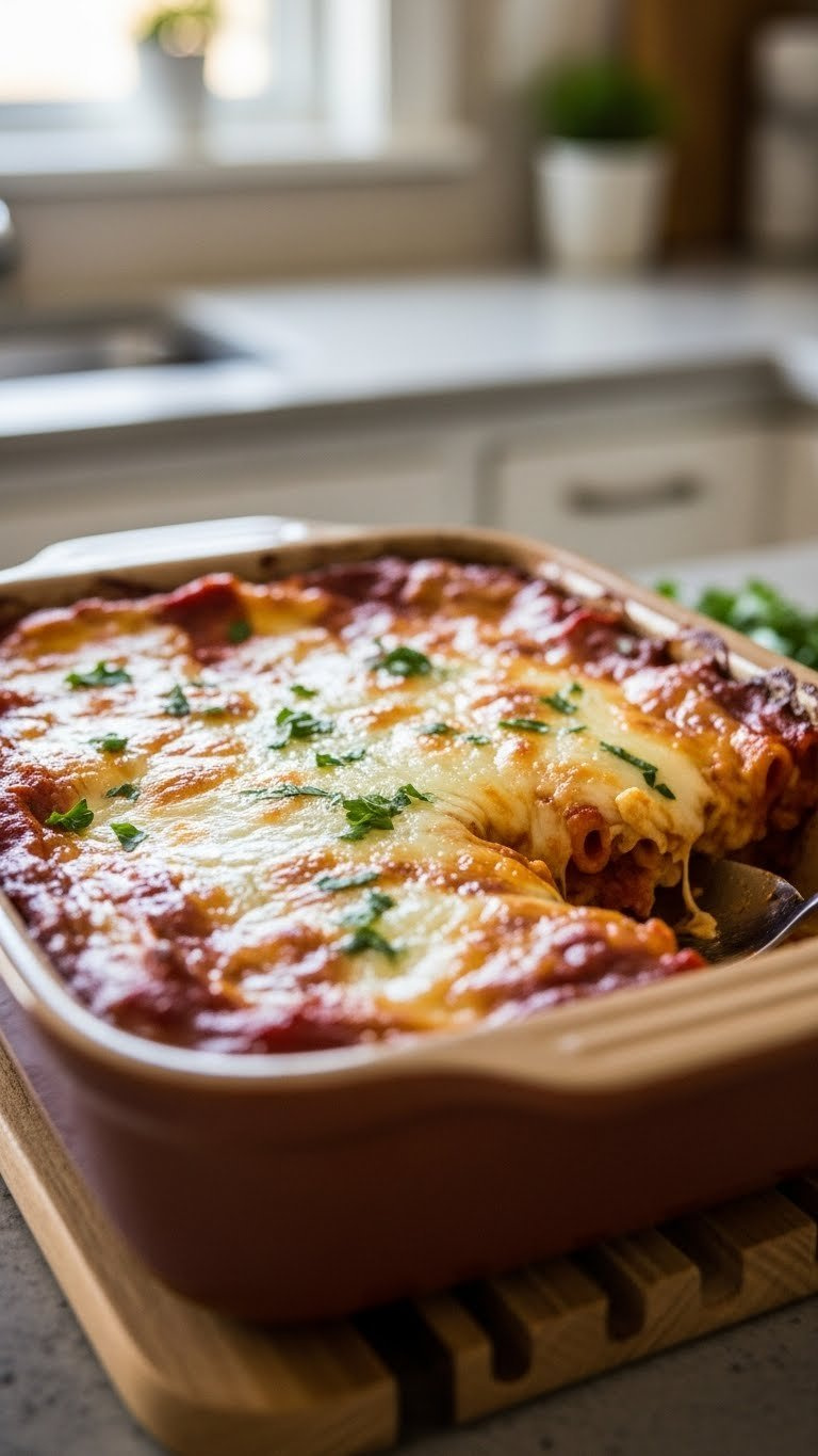 Golden-Brown Baked Ziti Casserole Fresh From Oven With Bubbly Mozzarella Cheese And Red Sauce Bubbling Around Edges.