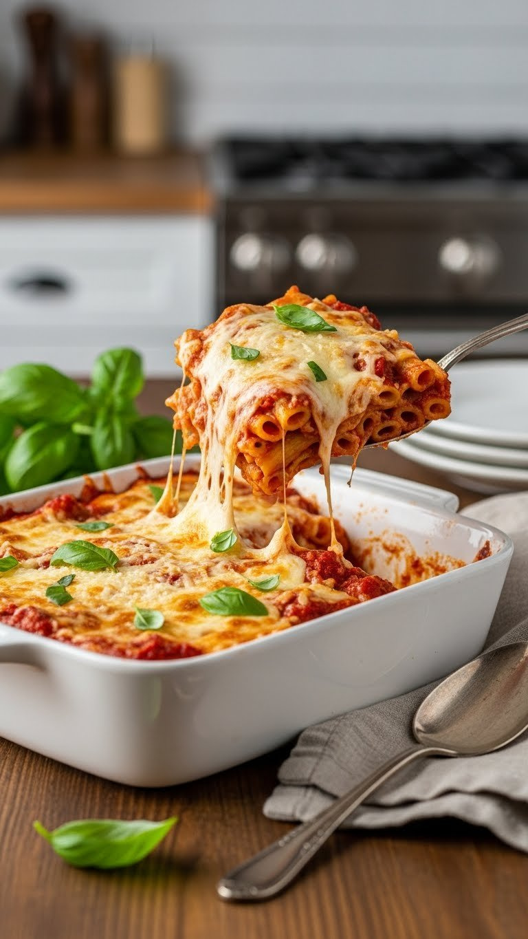 Golden-Brown Baked Ziti With Bubbly Mozzarella And Parmesan Cheese In Rustic Casserole Dish With Basil Garnish