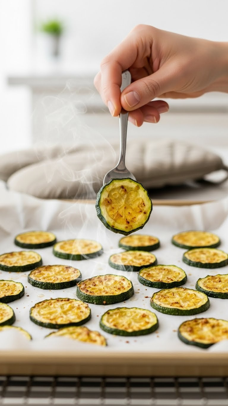 Golden-Brown Baked Zucchini Chips On Parchment-Lined Baking Sheet Fresh Out Of Oven With Crisp Edges.