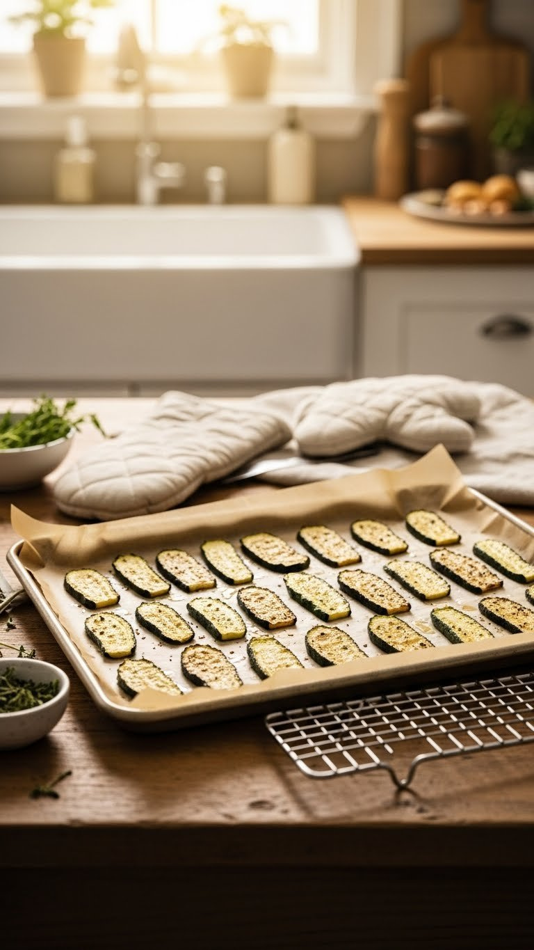 Golden-Brown Baked Zucchini Planks Arranged Neatly On Parchment Paper With Caramelized Edges Showing Moisture Evaporation