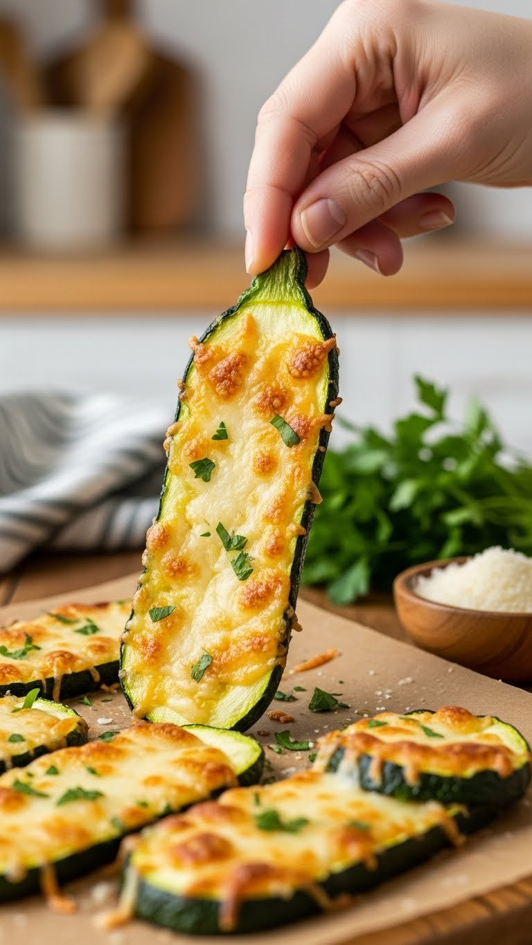 Golden-Brown Baked Zucchini Slices Coated With Melted Parmesan Cheese And Minced Garlic On A Rustic Wooden Table With Fresh Parsley Garnish