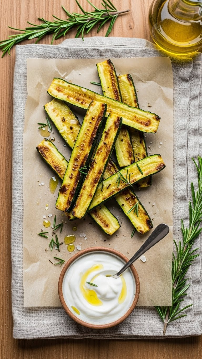 Golden-Brown Baked Zucchini Sticks With Charred Edges Arranged Casually On Beige Linen Napkin With Rosemary Garnish