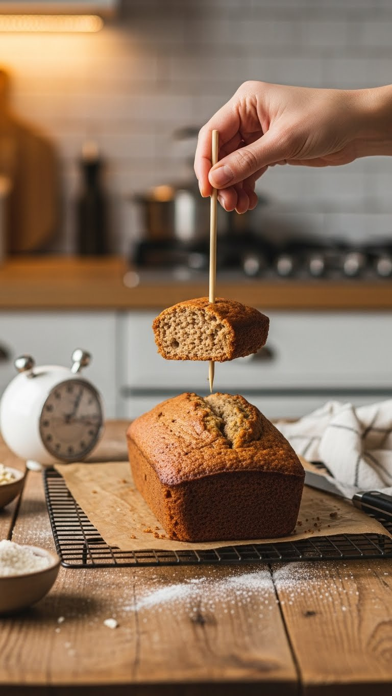 Golden Brown Banana Bread Loaf With Wooden Skewer Inserted Testing Doneness Fresh From The Oven On Rustic Table