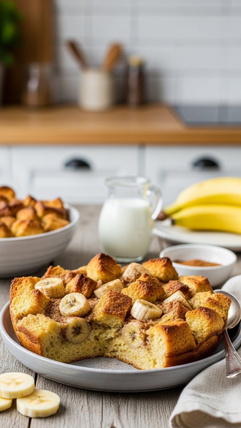 Golden-Brown Banana Bread Pudding With Soft Banana, Cinnamon, In Rustic Dish On Weathered Wood Table. Comforting Homemade Dessert.