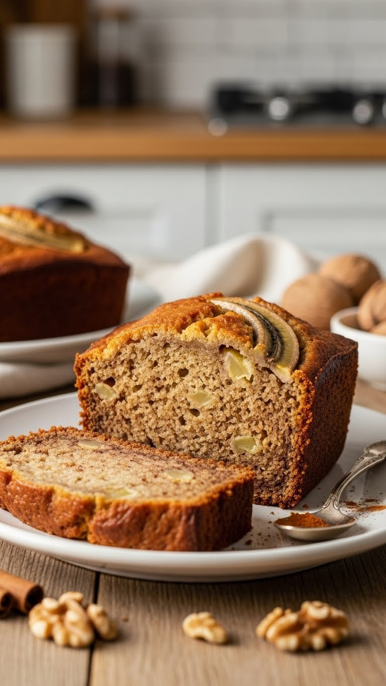 Golden-Brown Banana Bread Slice With Moist Interior And Apple Flecks On White Ceramic Plate