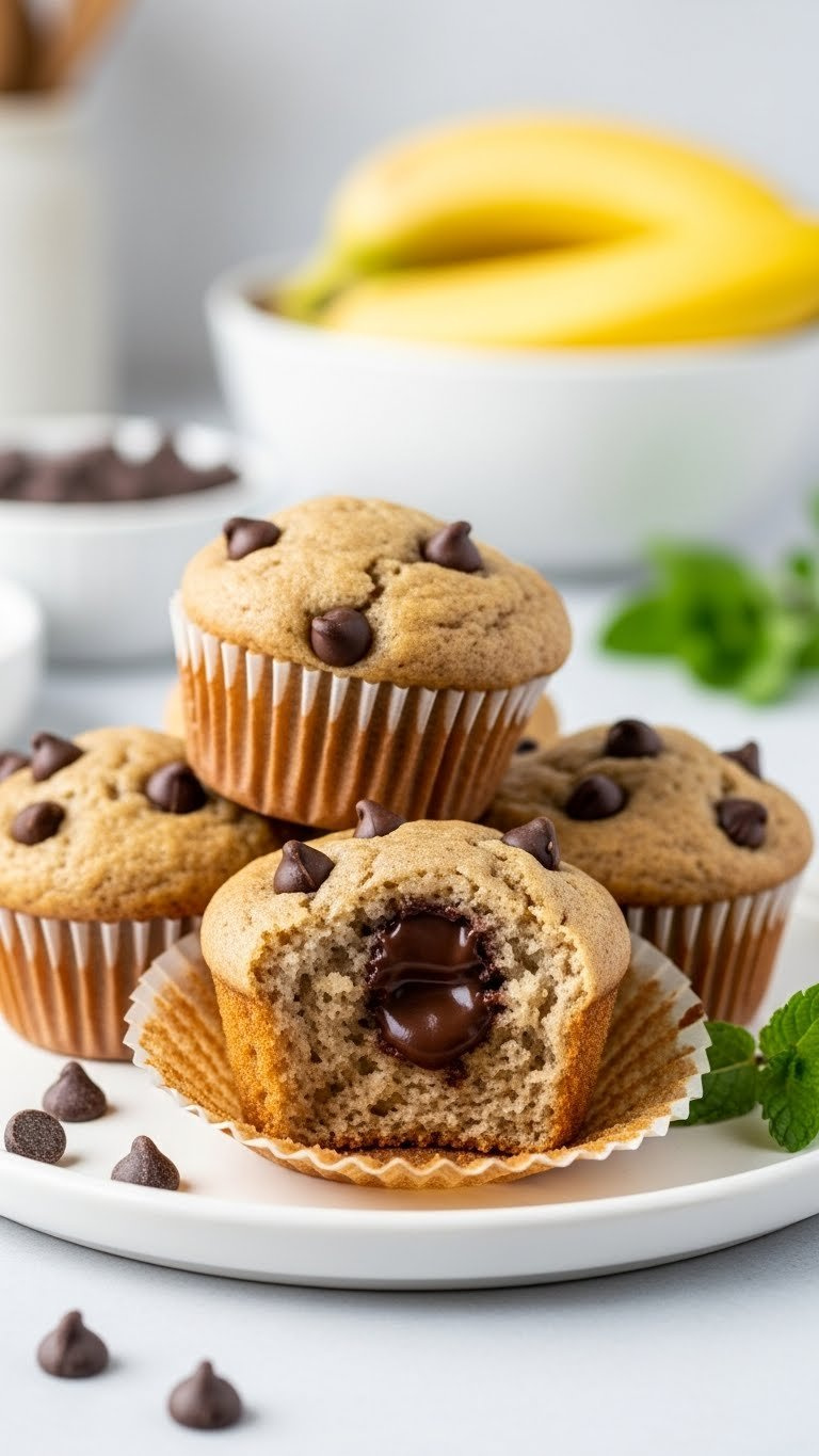 Golden-Brown Banana Chocolate Chip Muffins In Paper Liners On White Ceramic Plate With Fresh Mint