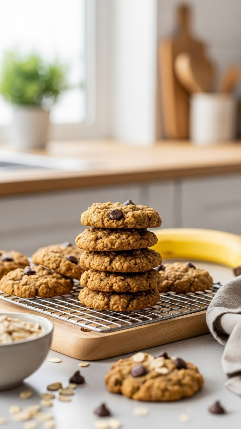 Golden-Brown Banana Oat Cookies With Chocolate Chips On A Wooden Cooling Rack In Soft Natural Kitchen Lighting