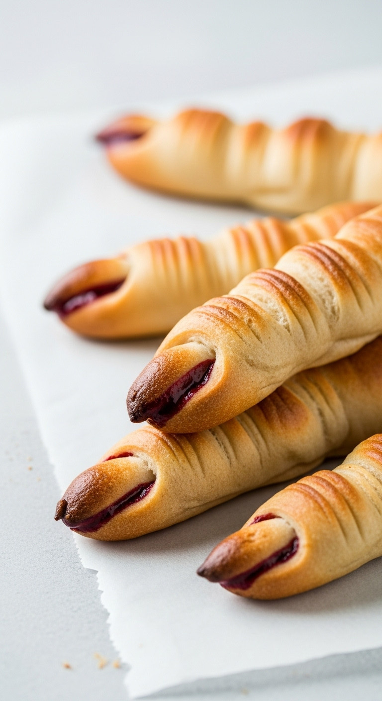Golden-Brown Bloody Finger Breadsticks Shaped Like Gnarled Fingers, A Creepy Halloween Appetizer.