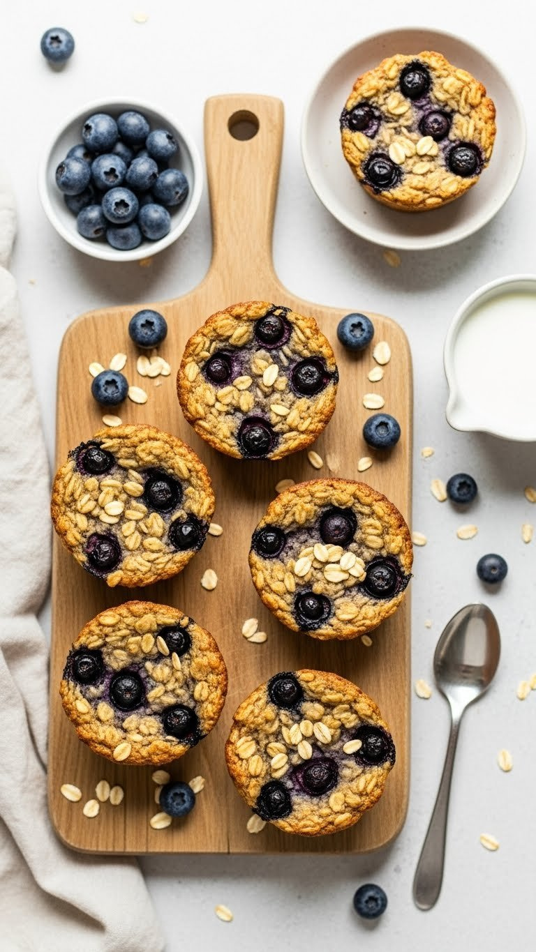 Golden-Brown Blueberry Muffin Baked Oatmeal Cups Brimming With Berries On Rustic Wooden Board