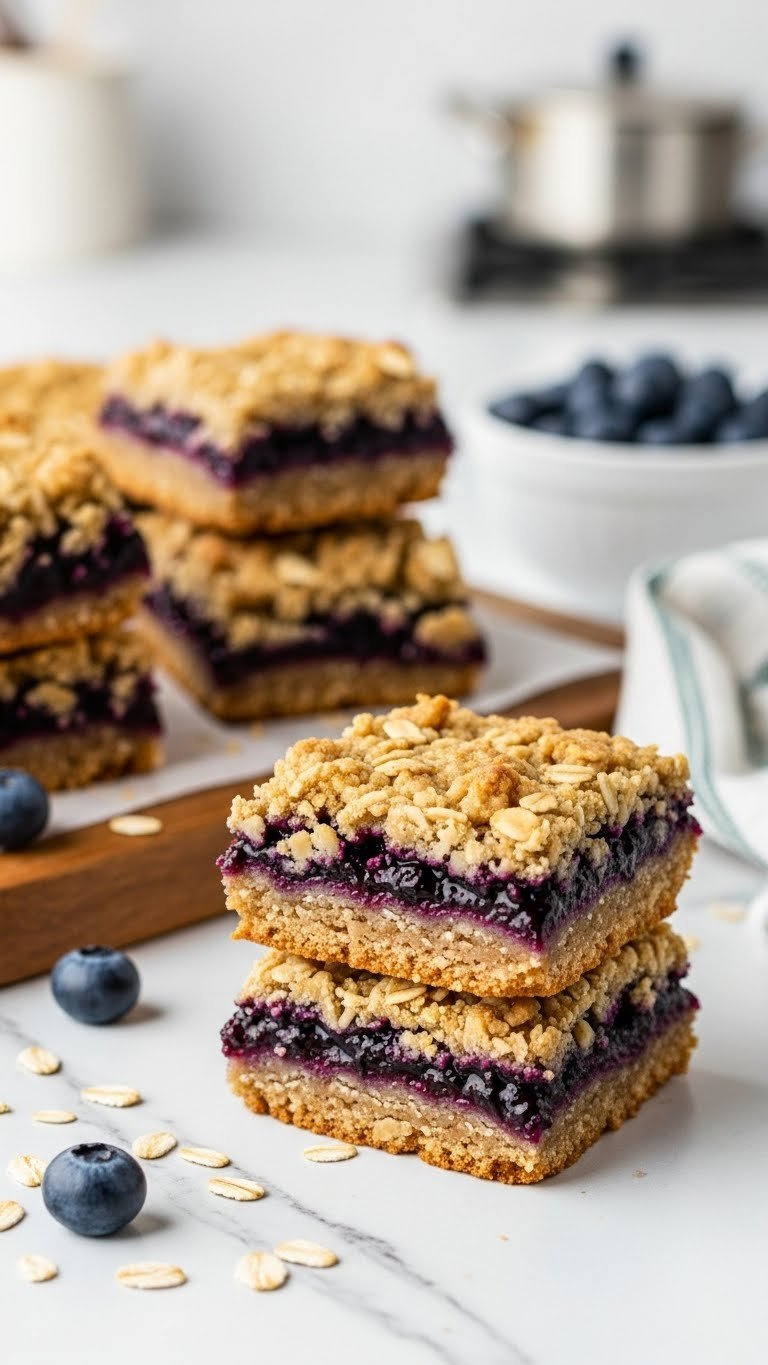 Golden-Brown Blueberry Oat Bars With Jammy Filling Between Chewy Oat Layers