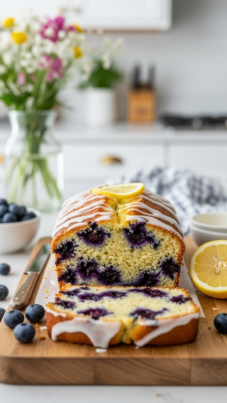 Golden-Brown Blueberry Ricotta Loaf Cake With Plump Blueberries, Lemon Glaze, And A Slice Removed, On A Rustic Cutting Board.