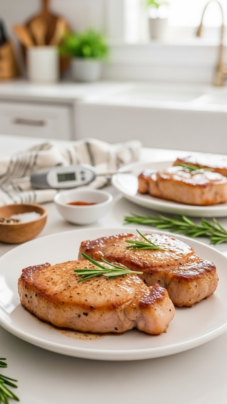 Golden-Brown Boneless Pork Chops Glistening With Juices On A White Plate With Rosemary Garnish