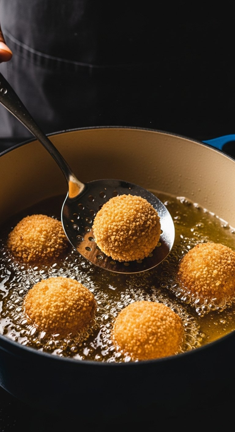Golden Brown Breaded Arancini Fry Perfectly In Bubbling Oil Inside A Cast Iron Dutch Oven.