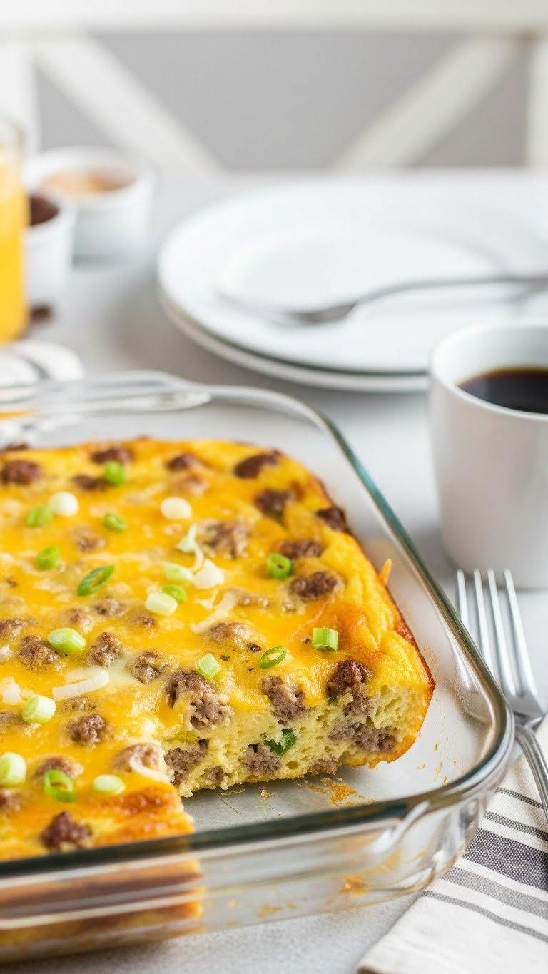 Golden-Brown Breakfast Sausage And Egg Casserole With Fluffy Eggs, Sausage, And Cheese In Glass Baking Dish.
