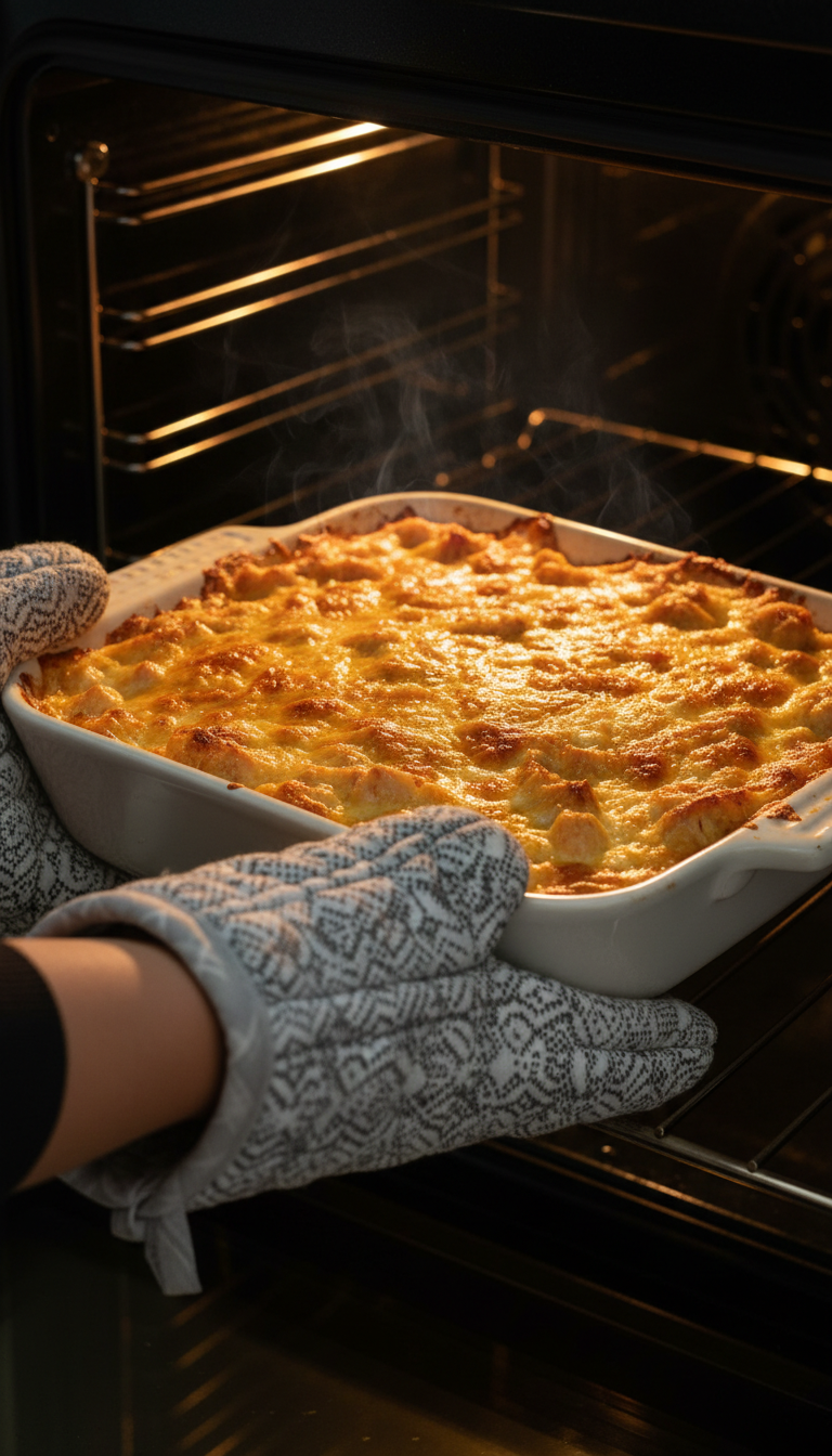 Golden Brown Bubbly Baked Queso Chicken Casserole Being Pulled From The Oven With Steam Rising.