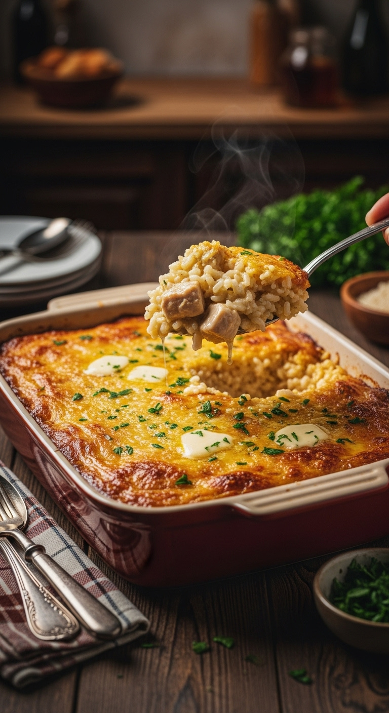 Golden Brown Bubbly Chicken And Rice Casserole In A Rustic Ceramic Baking Dish With Melted Butter And Herbs A Scoop Revealing Creamy Chicken And Rice