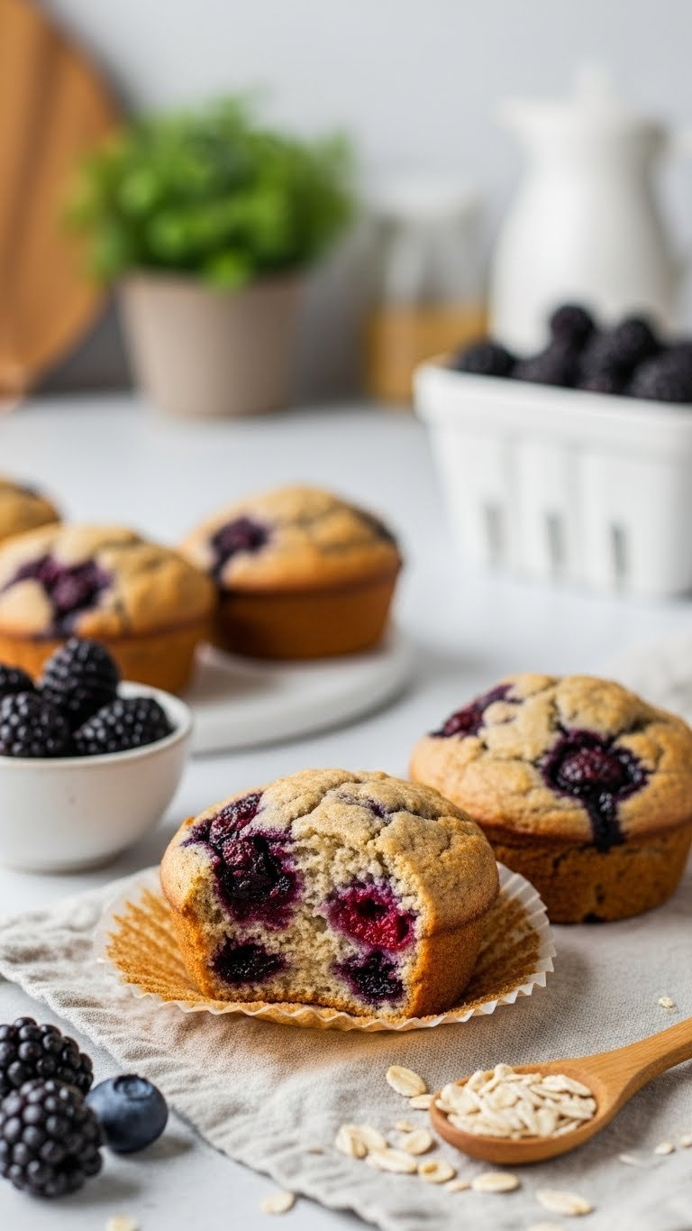 Golden-Brown Bursting Berry Swirl Protein Muffins With Powdered Erythritol Topping On Neutral Linen Tablecloth