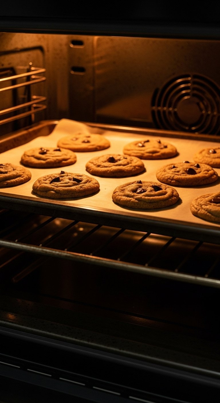 Golden Brown Butter Chocolate Chip Cookies Baking On A Tray Inside A Warm Oven.