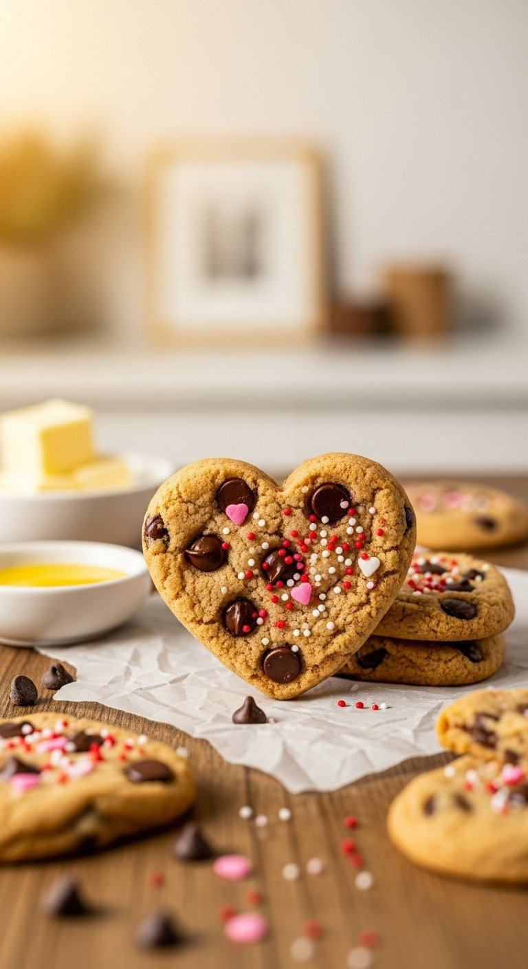 Golden Brown Butter Chocolate Chip Heart Cookies With Melted Chips &Amp; Pink/Red Nonpareils On Parchment, Rustic Table, Warm Light.