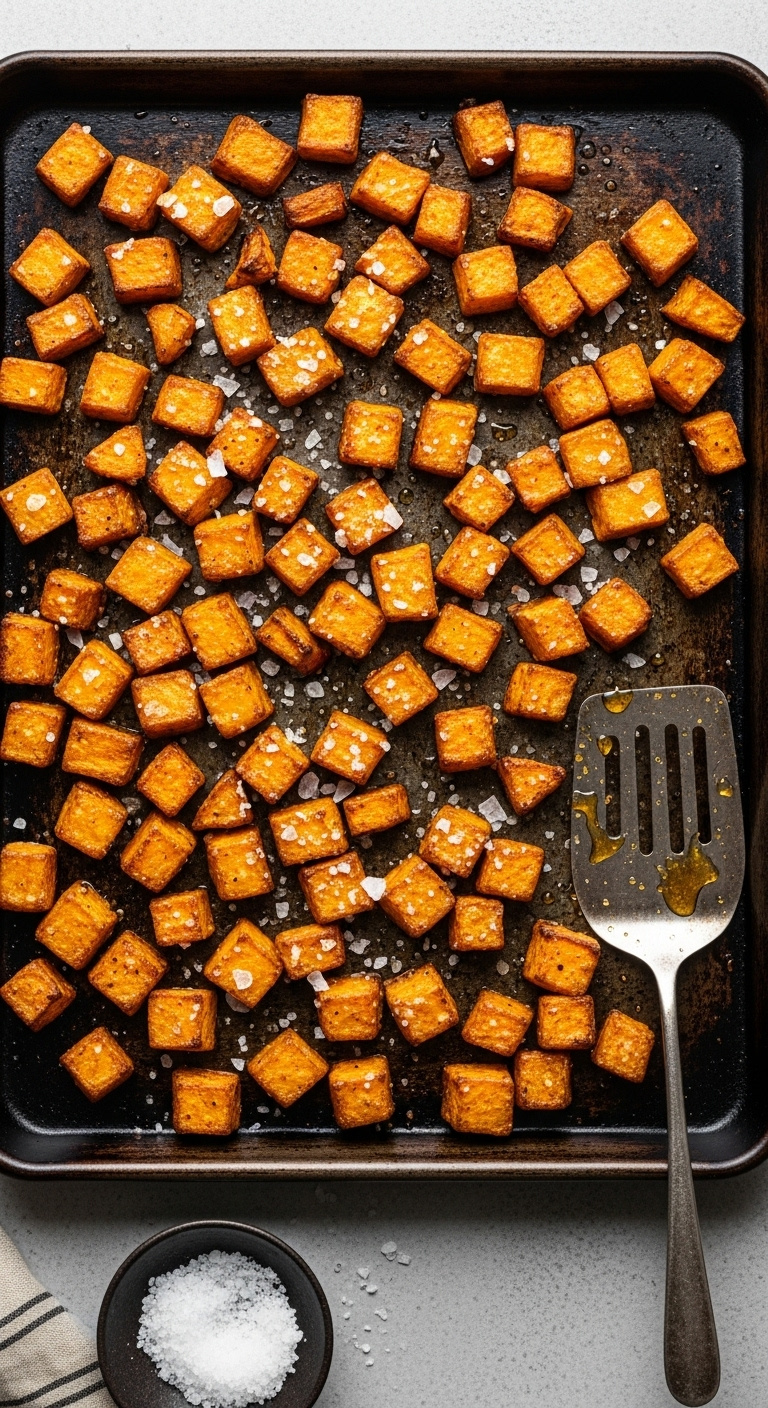 Golden Brown Butter Roasted Sweet Potato Cubes With Sea Salt On A Dark Baking Sheet With A Bowl Of Salt And Spatula