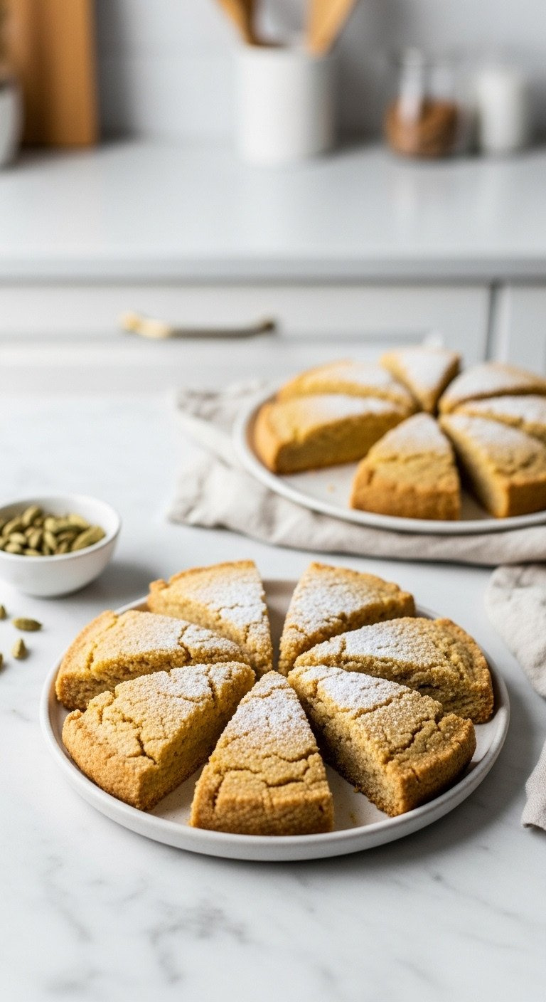 Golden-Brown Butter Shortbread Wedges Dusted With Sugar On A Ceramic Plate, Marble Counter. Cardamom Pods &Amp; Linen Napkin.