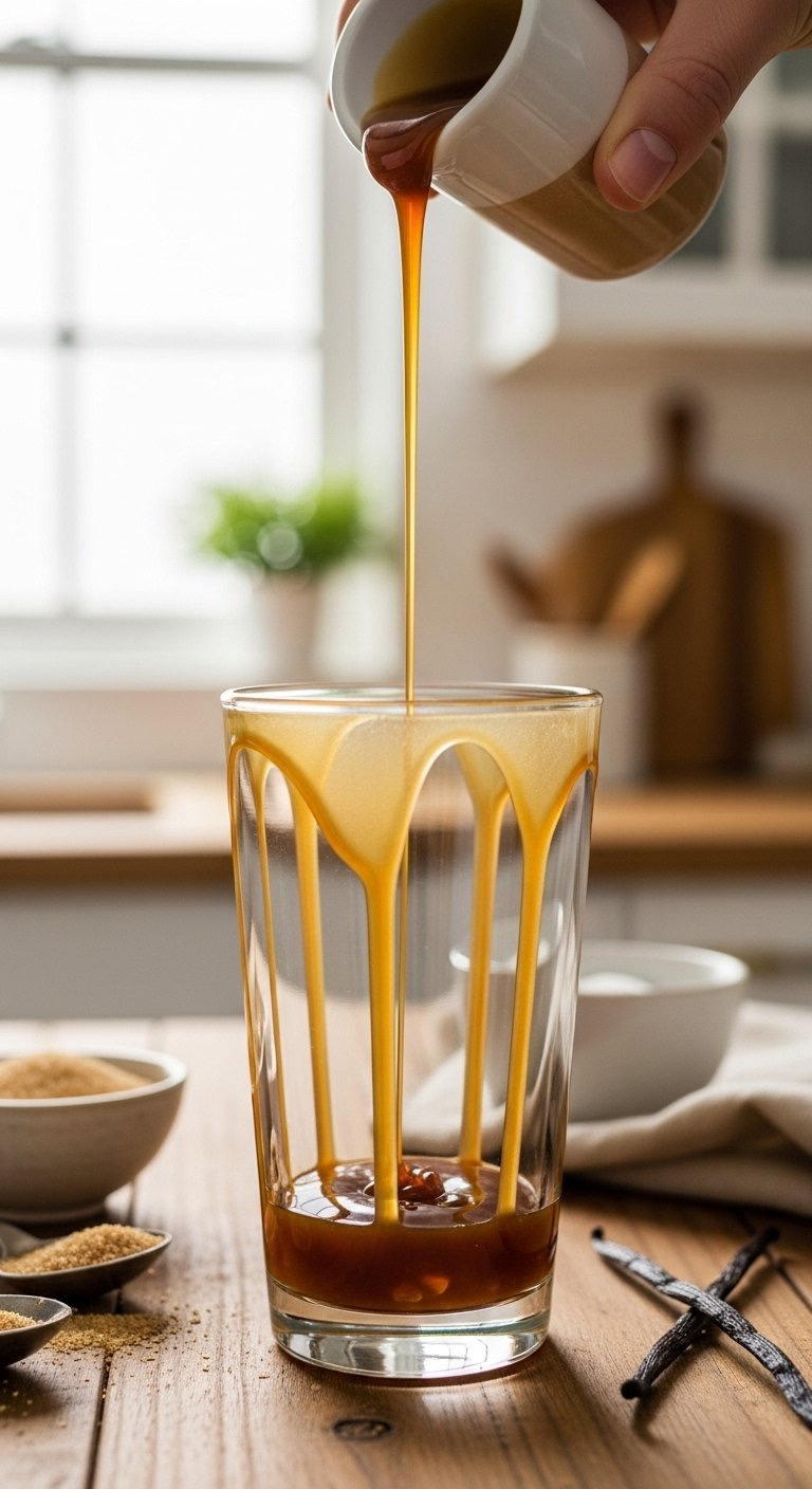 Golden Brown Caramel Syrup Drizzling Down The Inside Of A Clear Glass On A Rustic Wooden Table.