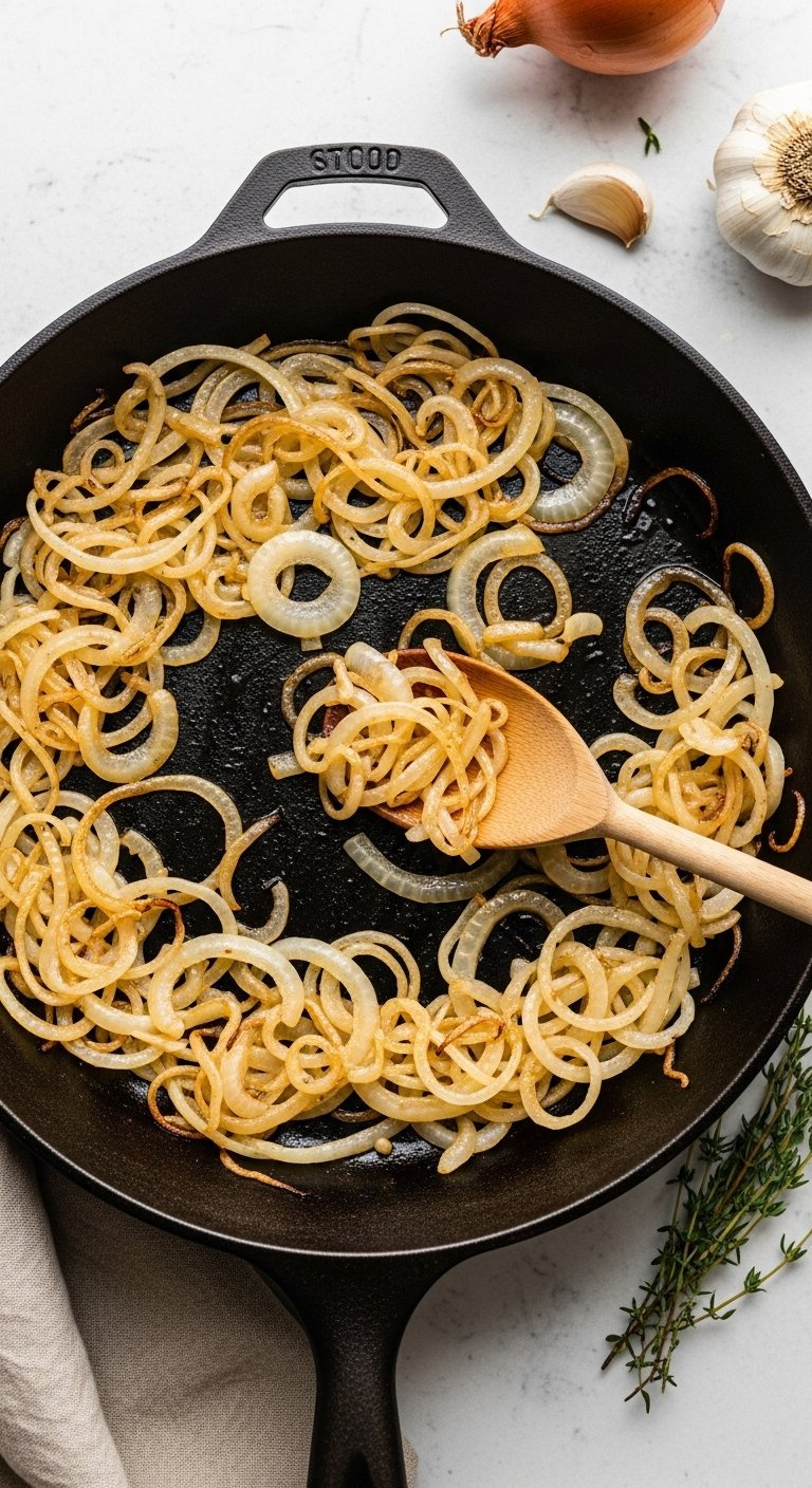 Golden Brown Caramelized Onions Cooking In A Cast Iron Skillet With A Wooden Spoon.