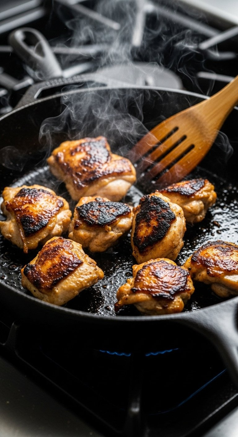 Golden Brown Charred Chicken Pieces Sizzling With Steam In A Dark Cast Iron Skillet On A Stovetop.