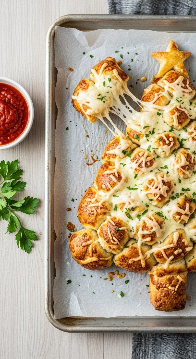 Golden-Brown Cheesy Christmas Tree Pull-Apart Bread With Mozzarella &Amp; Herbs On Baking Sheet, Marinara Dip. Festive Holiday Appetizer Recipe.