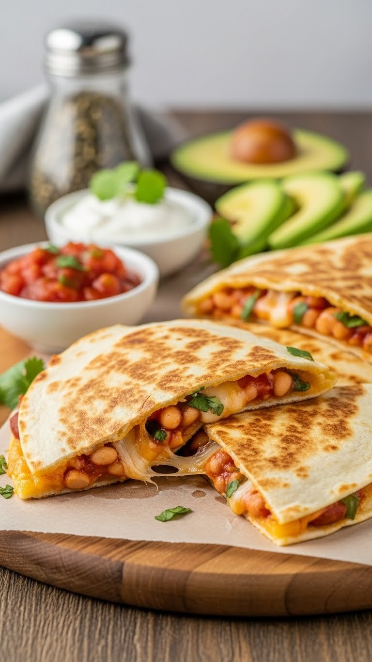 Golden-Brown Cheesy Baked Bean Quesadilla Sliced Open Revealing Melted Cheese Filling On Wooden Cutting Board