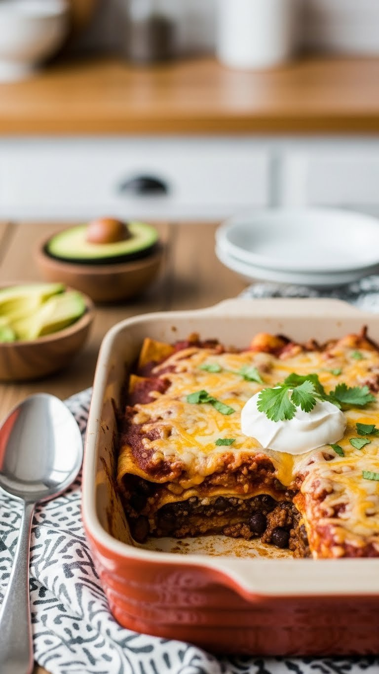 Golden-Brown Cheesy Beef Enchilada Casserole With Layered Tortillas, Sauce And Melted Cheese
