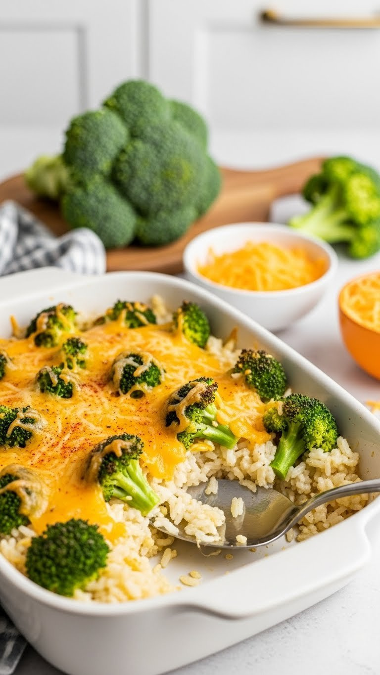 Golden-Brown Cheesy Broccoli And Rice Casserole With Tender Broccoli Florets And Melted Cheddar Cheese Sprinkled With Paprika