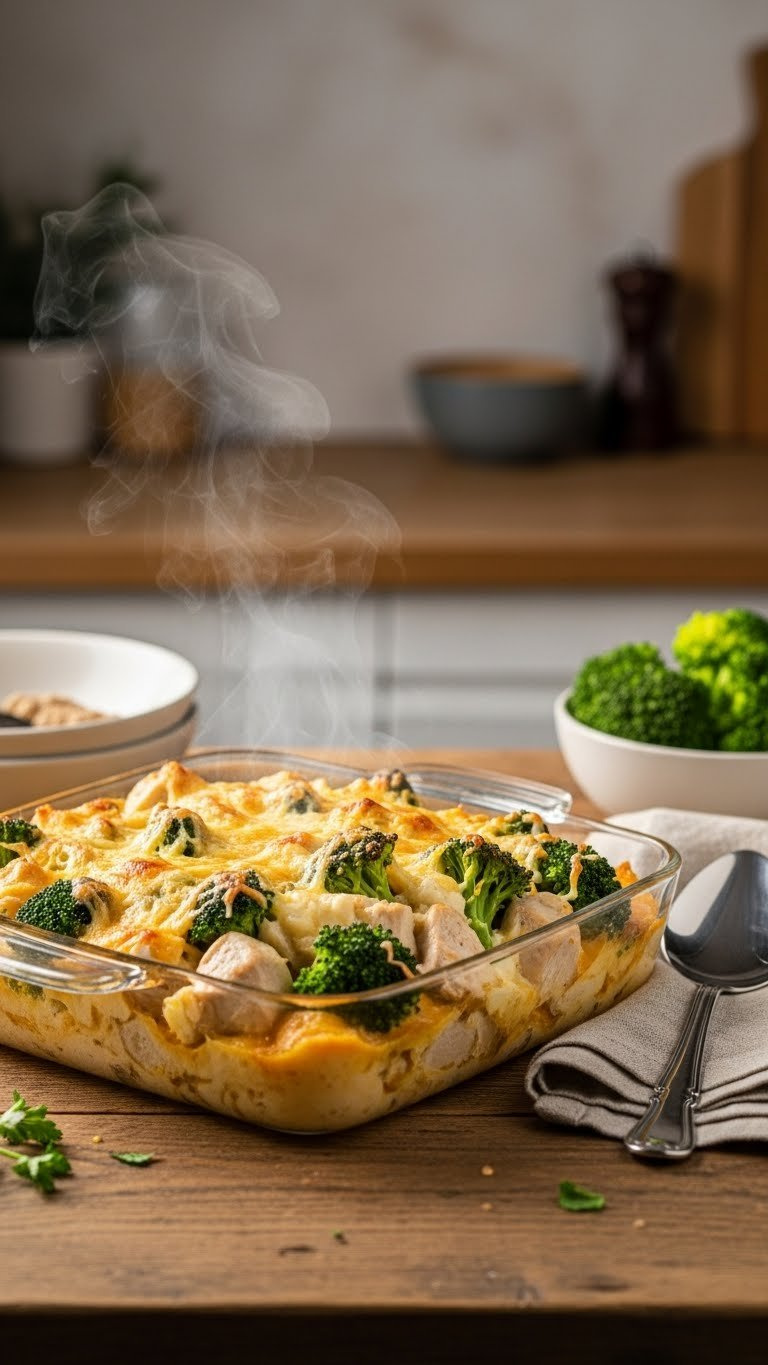 Golden-Brown Cheesy Chicken Broccoli Casserole Steaming In Rustic Baking Dish With Tender Chicken Pieces And Vibrant Green Broccoli Florets