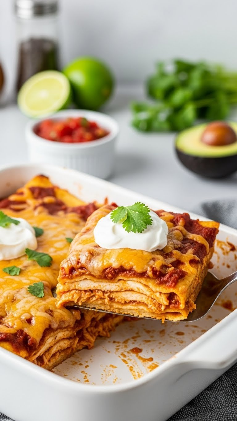 Golden-Brown Cheesy Chicken Enchilada Bake With Shredded Chicken And Red Enchilada Sauce In White Stoneware Dish