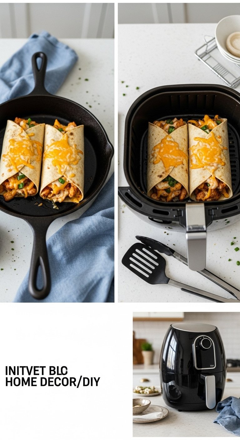 Golden-Brown Cheesy Garlic Chicken Wraps Cooking Side-By-Side In A Cast Iron Skillet And Air Fryer Basket On A Countertop.