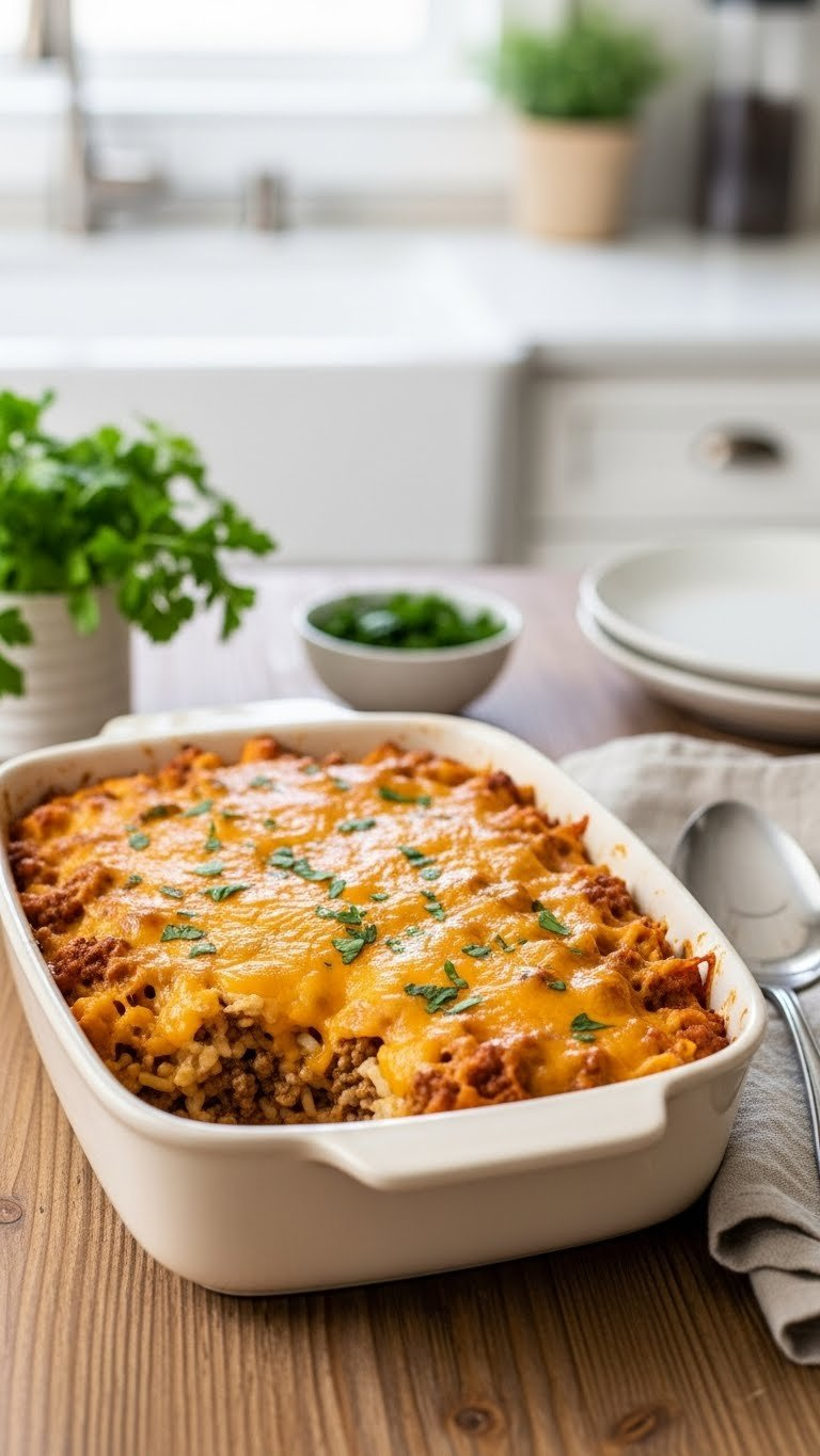 Golden-Brown Cheesy Ground Beef Casserole With Melted Cheddar Cheese And Pasta In Rustic Baking Dish With Fresh Herb Garnish