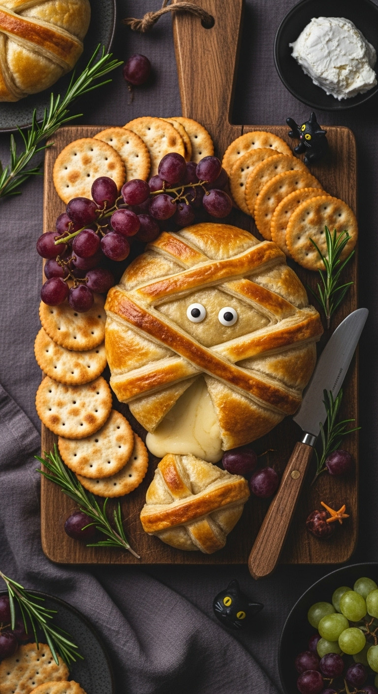 Golden-Brown Cheesy Mummy Baked Brie With Candy Eyes, Surrounded By Crackers, Grapes, And Rosemary On A Rustic Board For Halloween.