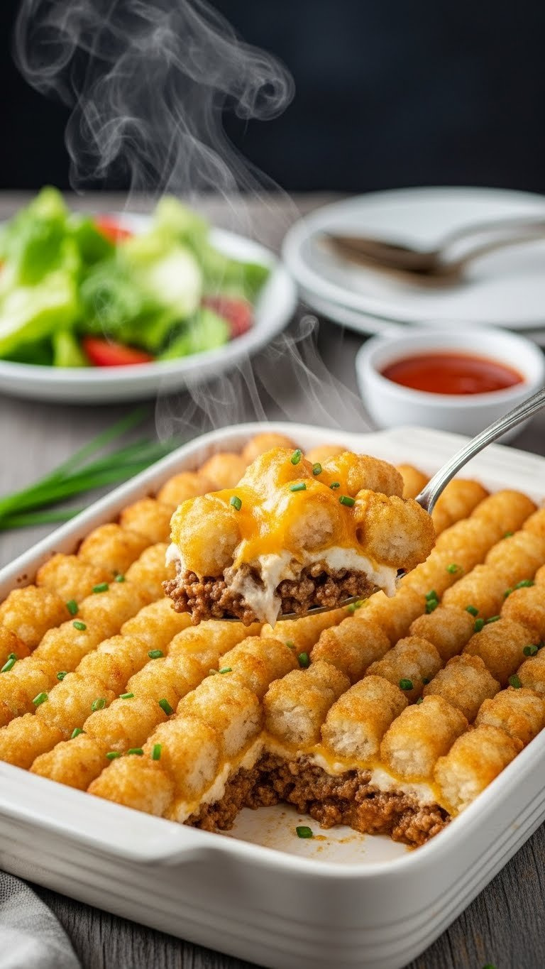 Golden-Brown Cheesy Tater Tot Casserole With Crispy Crust Revealing Creamy Ground Beef Filling