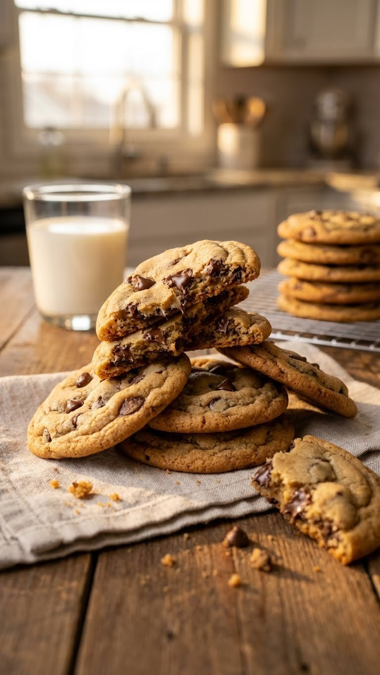 Golden-Brown, Chewy Chocolate Chip Cookies With Melted Chips And A Glass Of Milk On A Rustic Wooden Table In Warm Golden Light.