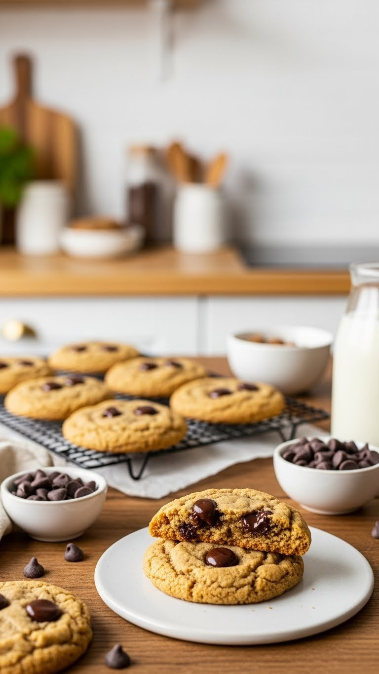 Golden-Brown Chewy Nut-Free Chocolate Chip Cookies With Melted Dark Chocolate Chips On Rustic Wooden Table In Warm Golden Hour Lighting.