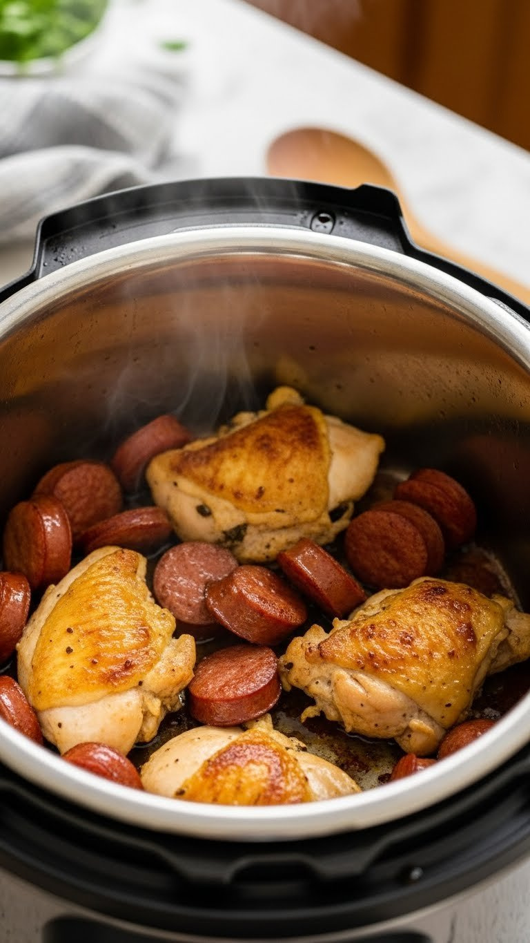 Golden-Brown Chicken And Crispy Andouille Sausage Searing And Sizzling In An Instant Pot, Showing A Rich Fond And Steam.