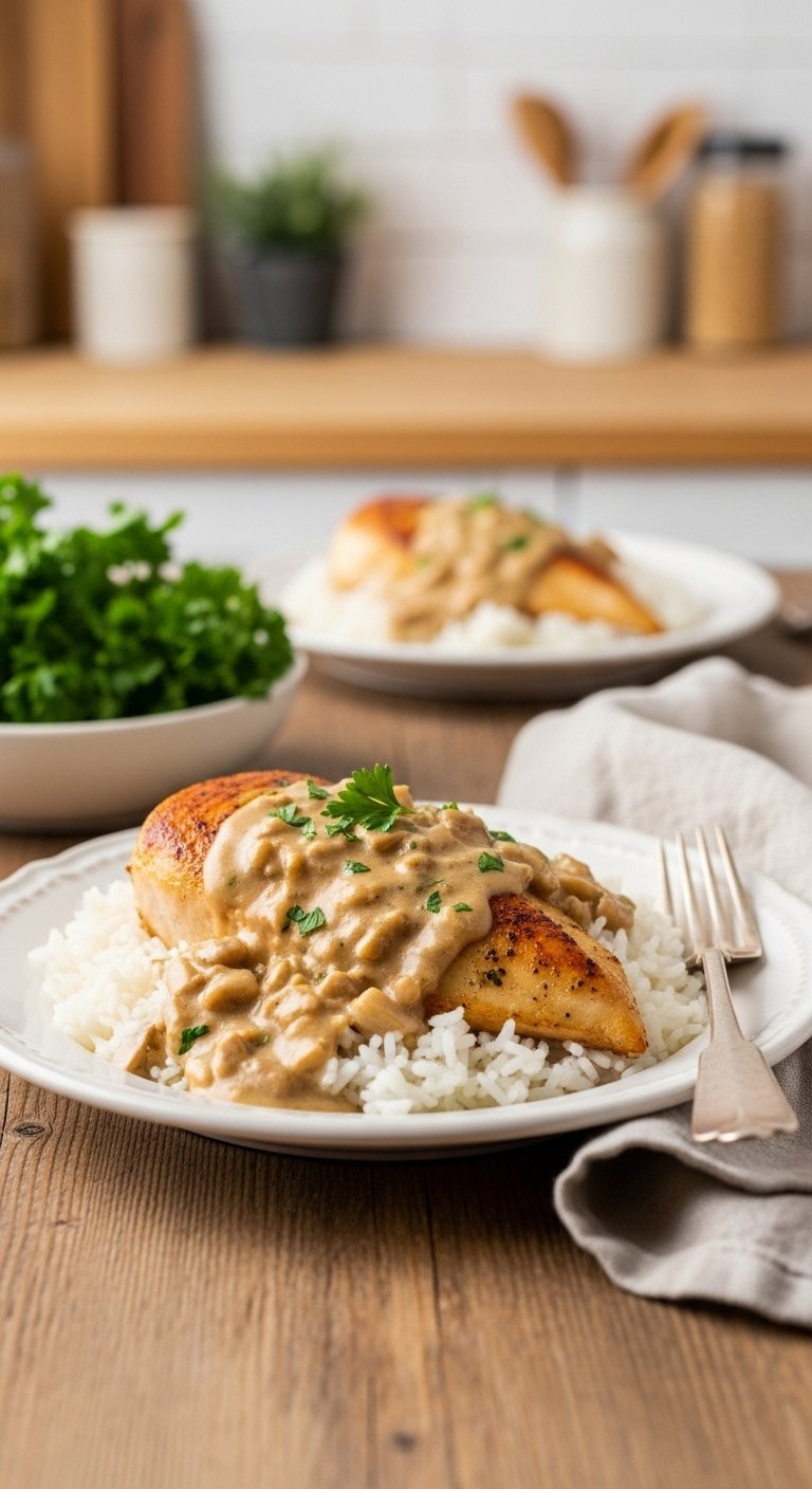Golden Brown Chicken Breast With Creamy Herb Gravy Served Over Fluffy White Rice On A Rustic Wooden Table.